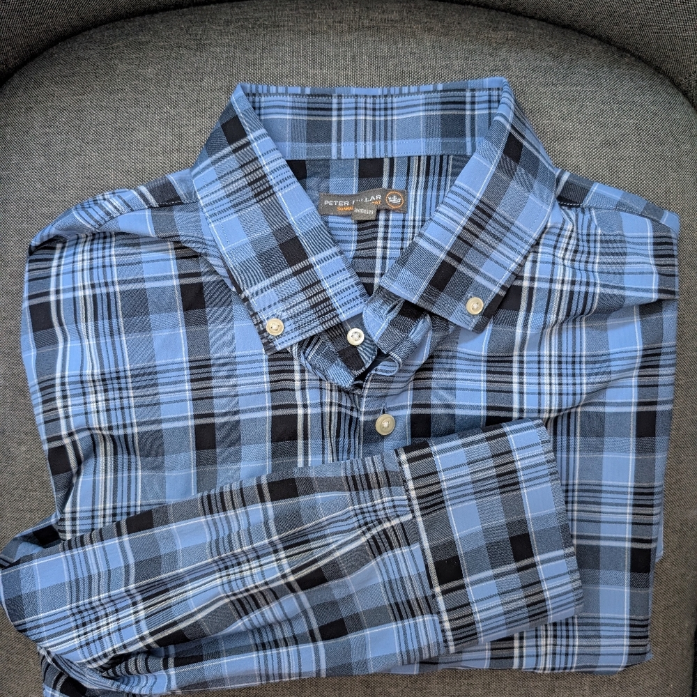 Men's PETER MILLAR SUMMER COMFORT XL Blue Check Button Front Long Sleeve Shirt